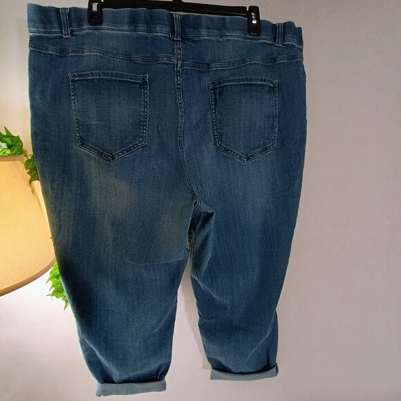 EUC: Terra & Sky Sze 3X (24W-26W) Mid-Blue Distressed Pull-On Cropped Jeans - Picture 2 of 7